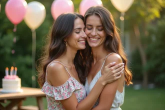 Deux cousines qui s'embrassent chaleureusement lors d'un anniversaire en plein air avec des décorations en ballons pastel