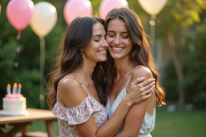Deux cousines qui s'embrassent chaleureusement lors d'un anniversaire en plein air avec des décorations en ballons pastel