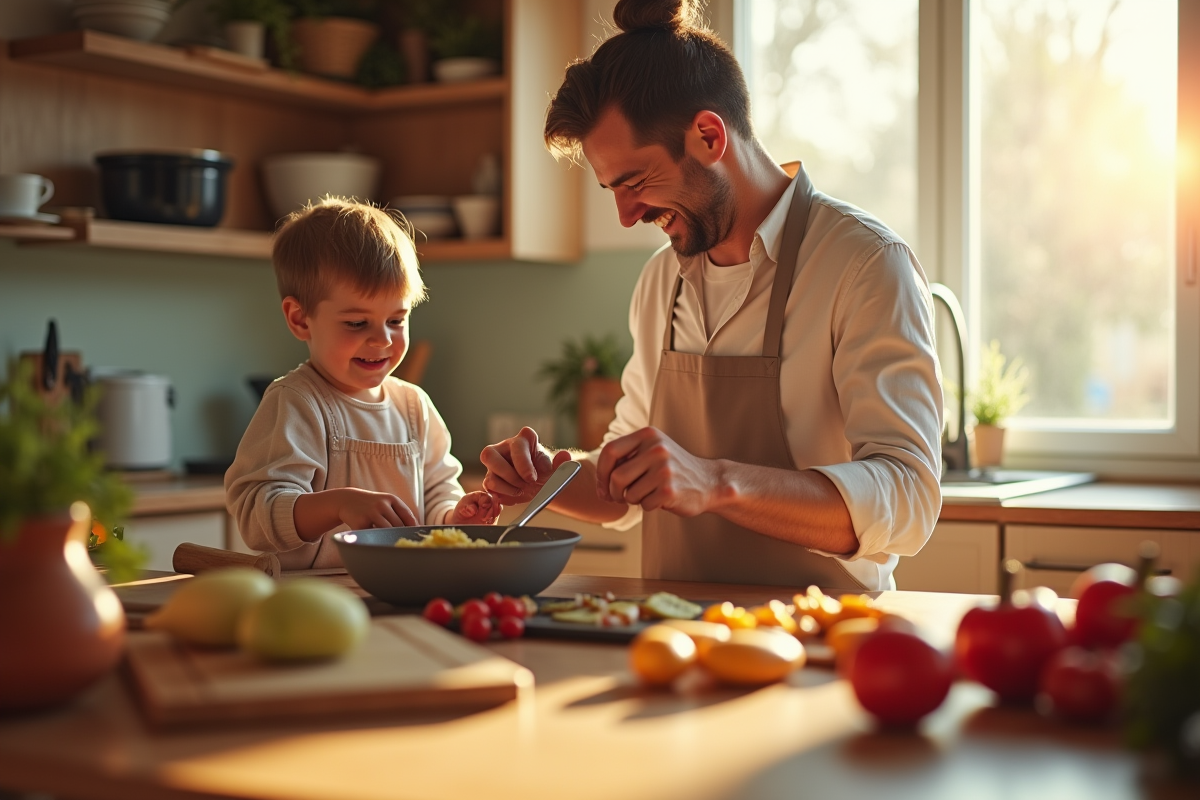 Parent et enfant cuisinant ensemble dans une cuisine lumineuse