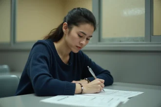 Femme remplissant une demande de permis de visite dans un parloir de prison