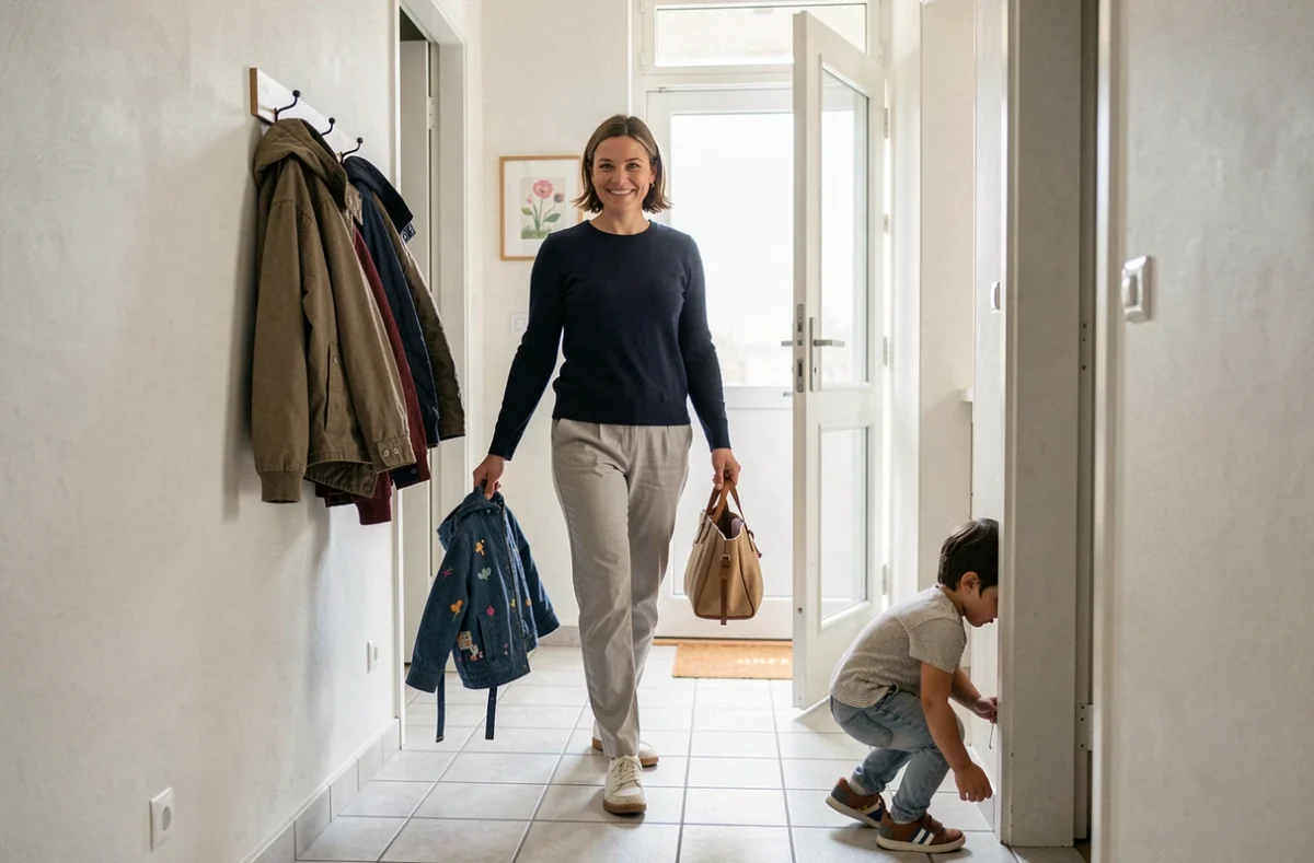 Dominique Ba, baby-sitter disponible à Nantes, aidant un enfant à se préparer pour une sortie