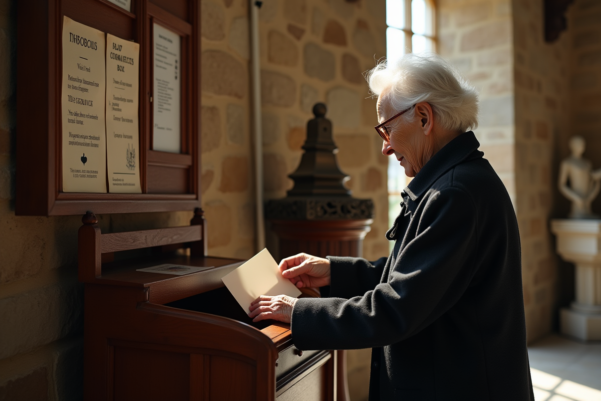 Femme âgée déposant une enveloppe dans une boîte en bois à l
