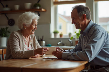 Femme âgée donnant une enveloppe à un homme dans la cuisine