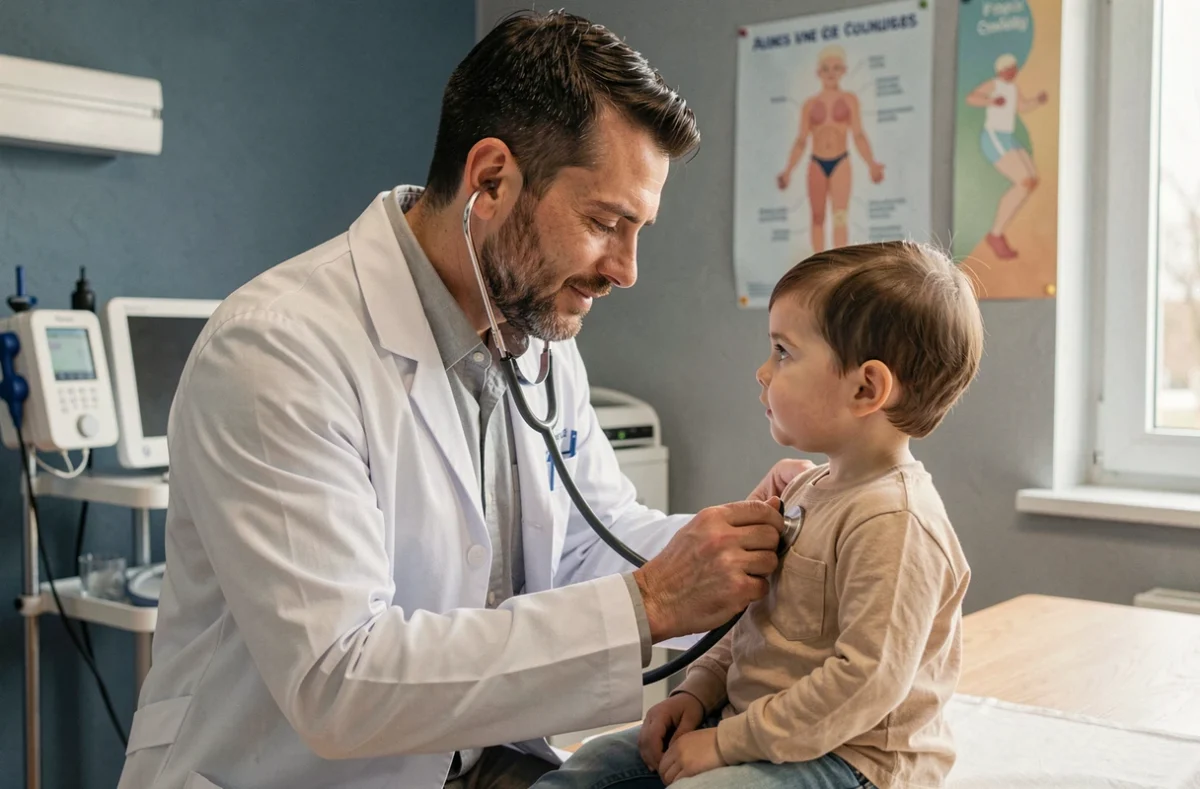 Le Dr Baruteau Julien, pédiatre à Toulouse, effectuant une auscultation sur un jeune patient