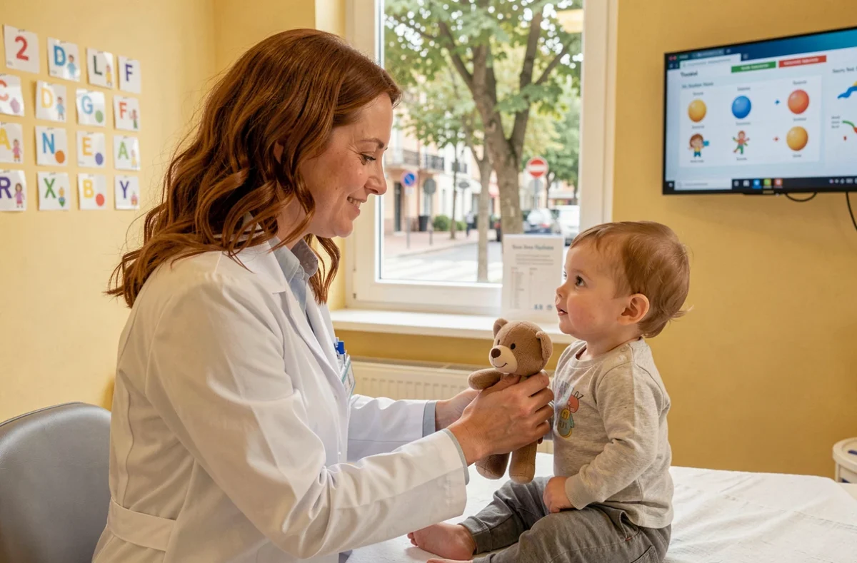 Le Dr Burillon Mathilde, pédiatre à Toulouse, réconfortant un enfant en bas âge lors d'une consultation