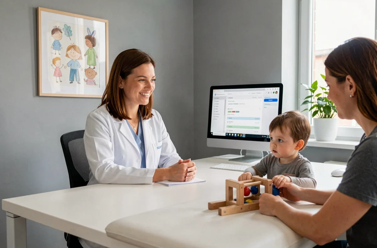 Le Dr Chambellan Camille, pédiatre à Toulouse, en consultation avec un parent et son enfant