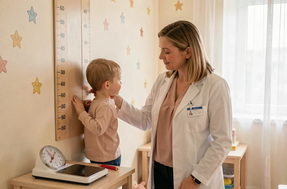 Le Dr Ducourneau Emeline, pédiatre à Toulouse, mesurant la taille d'un enfant dans son cabinet