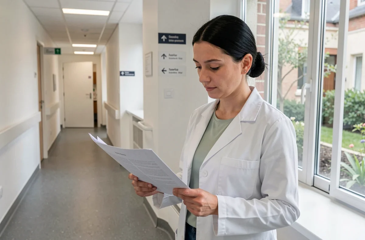Le Dr Garnier Ariane, pédiatre à Toulouse, dans le couloir de son cabinet médical consultant un dossier patient