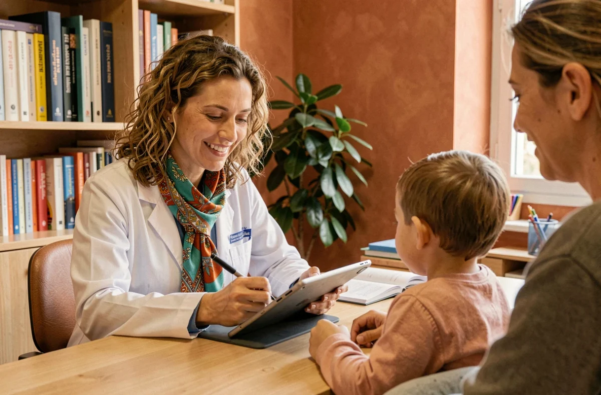 Le Dr Heberlé Pauline, pédiatre à Toulouse, en consultation avec un enfant et ses parents