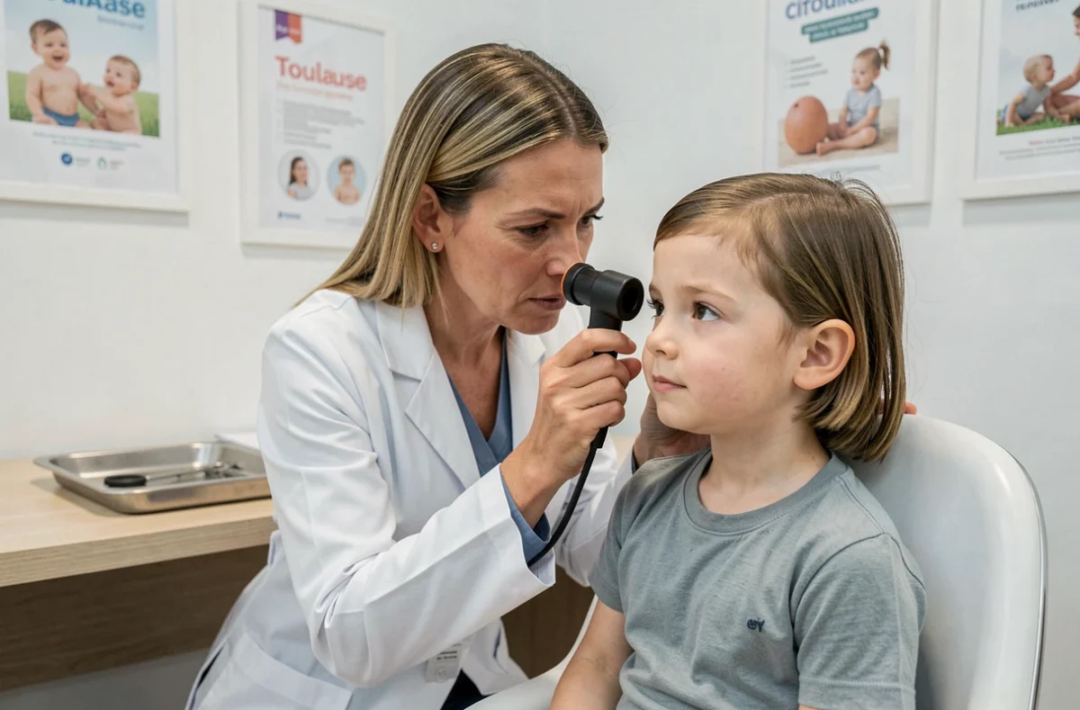 Le Dr Pradier Sophie, pédiatre à Toulouse, examinant un enfant avec un otoscope en cabinet
