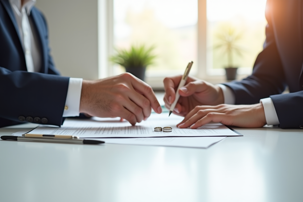 Mains échangeant et signant des papiers de divorce avec alliances visibles