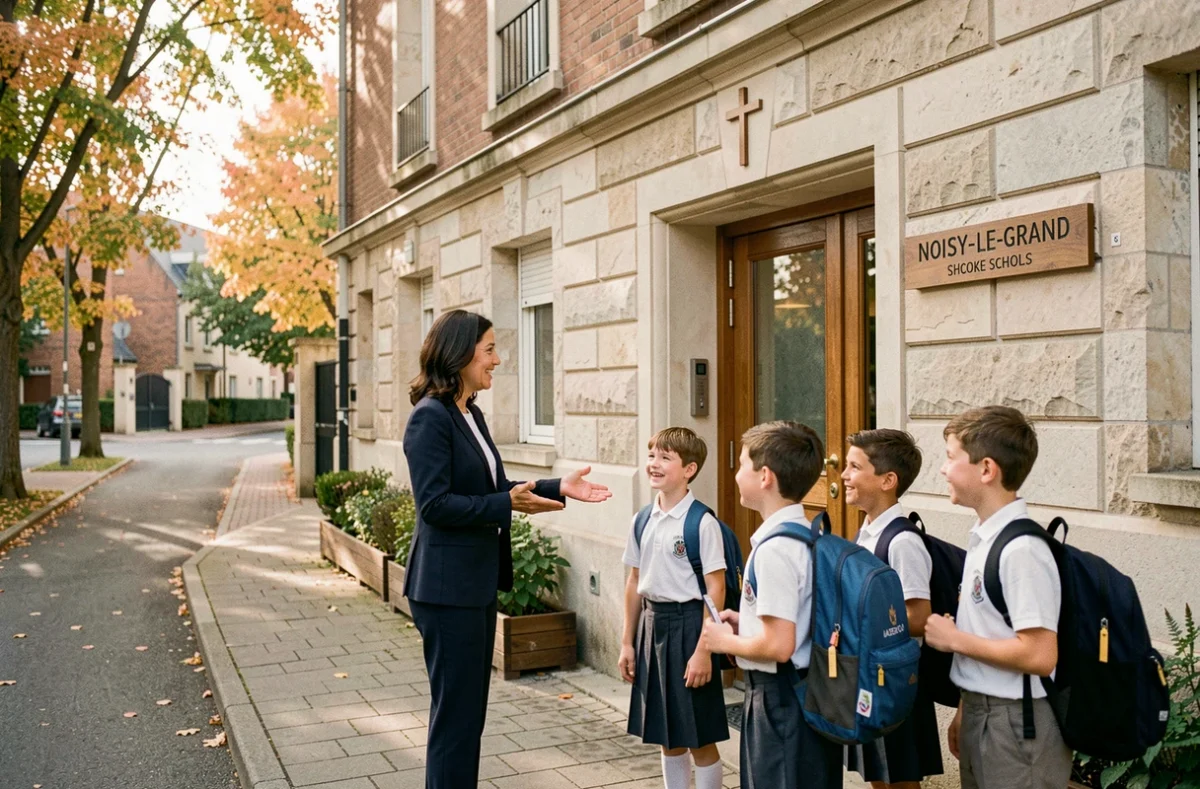 Entrée de l'école privée Françoise Cabrini à Noisy-le-Grand avec une enseignante accueillant des élèves