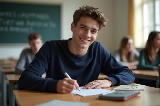 Jeune lyceen français concentré en classe