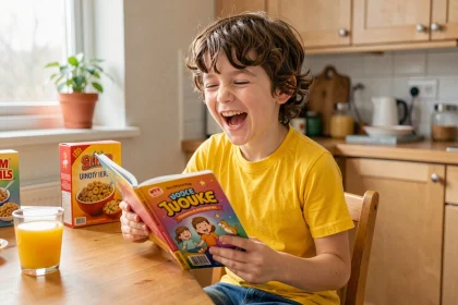 Enfant de 8 ans qui rit en lisant un livre de blagues coloré assis à la table de cuisine