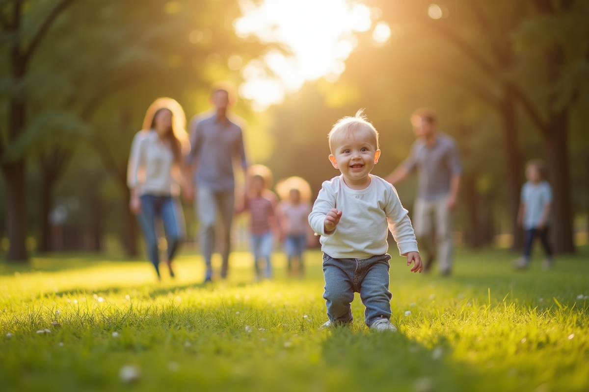 Un bébé curieux marche seul dans un parc ensoleille