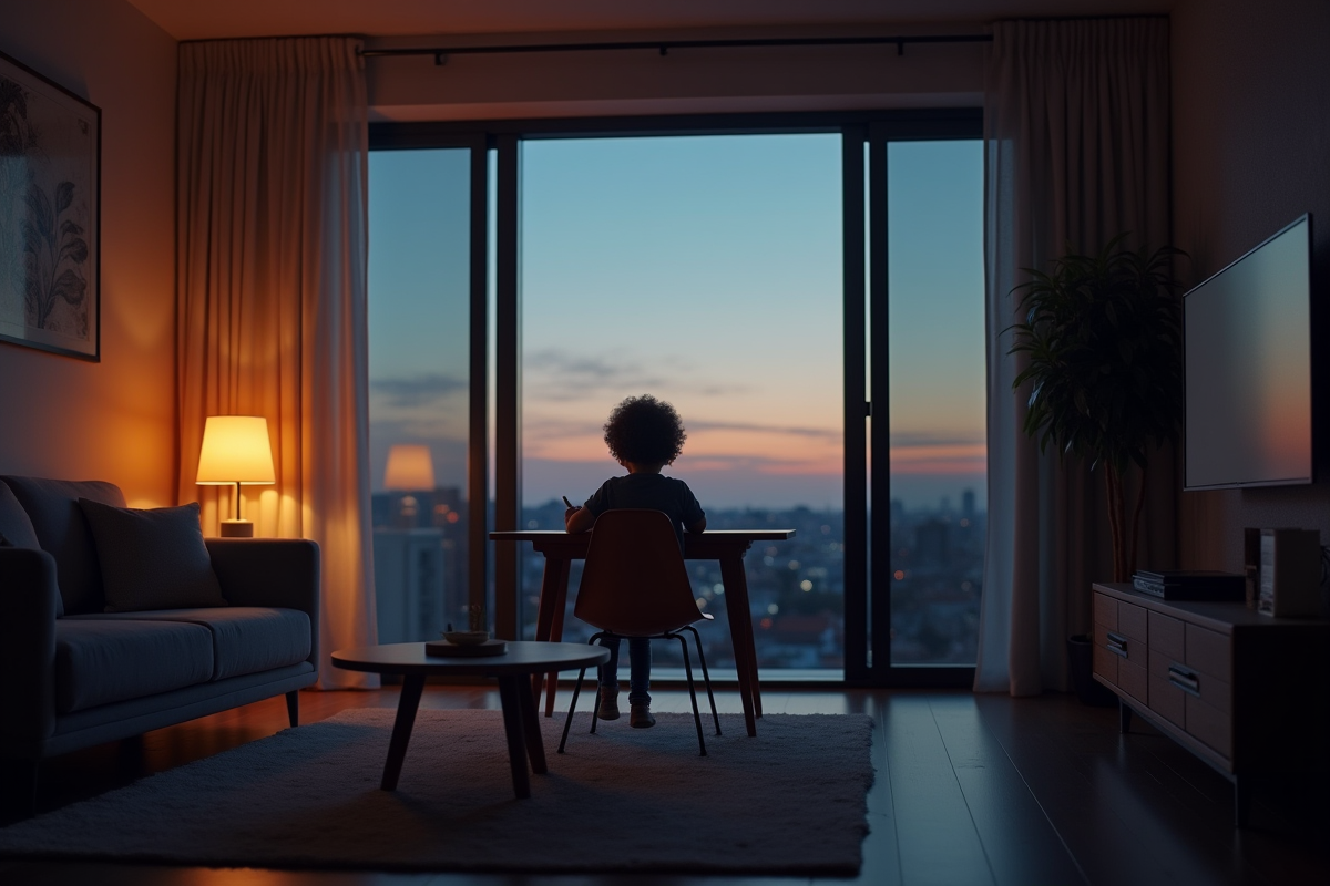 Enfant dans un salon calme vu de dehors au crépuscule