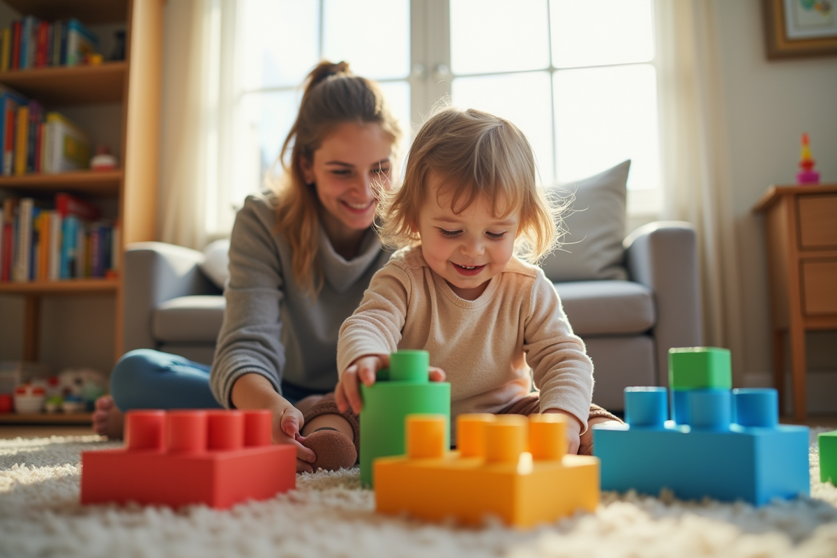 Enfant jouant avec blocs en foam avec parent dans un salon lumineux