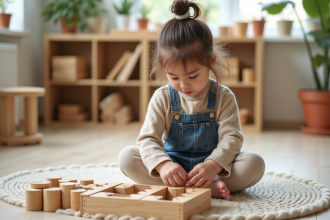Fille en maternelle arrangeant des blocs Montessori dans une classe lumineuse