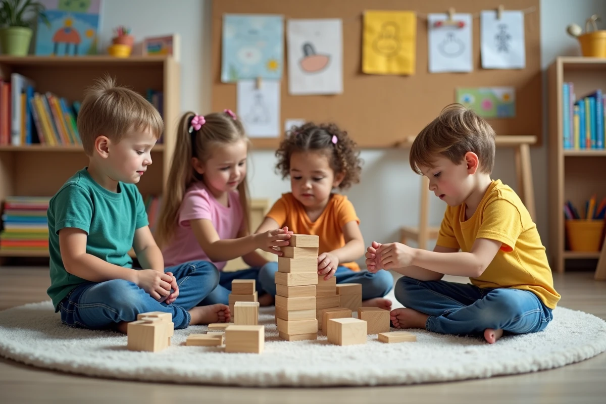 Groupe d'enfants de 4 ans jouant avec des blocs en classe