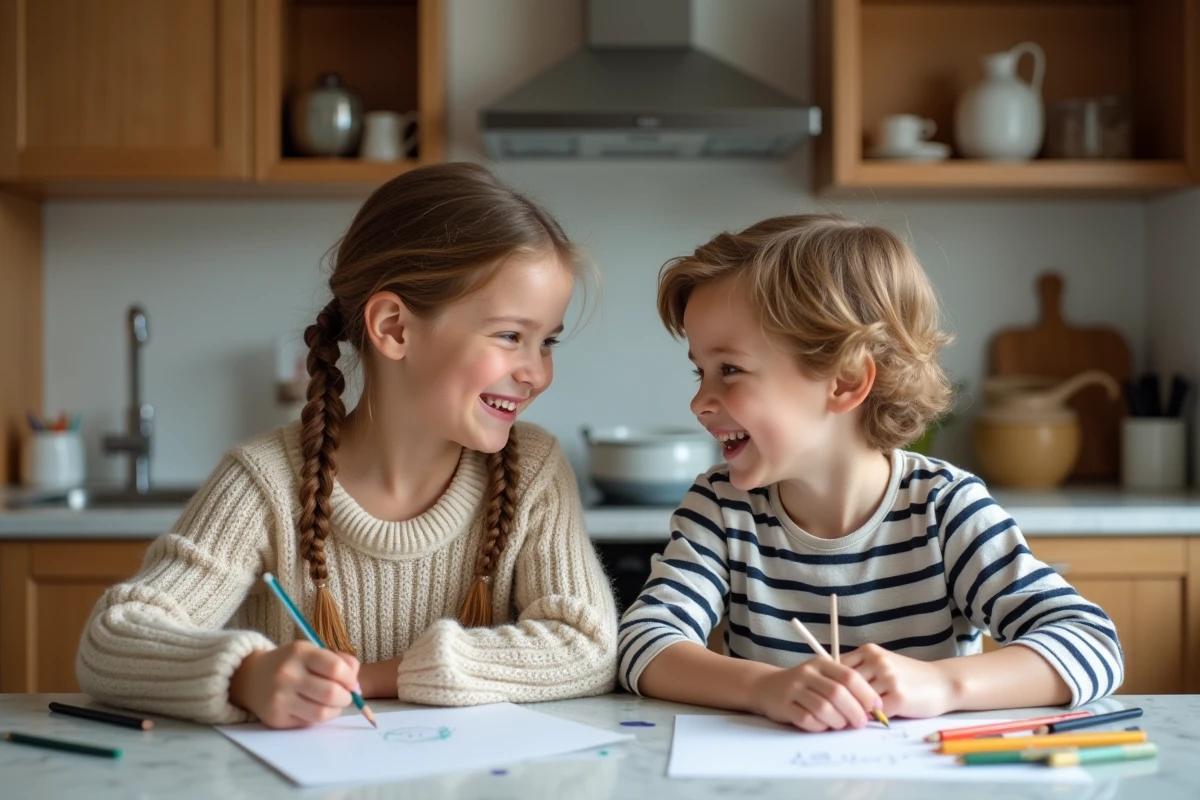 Deux enfants rient en coloriant dans la cuisine chaleureuse