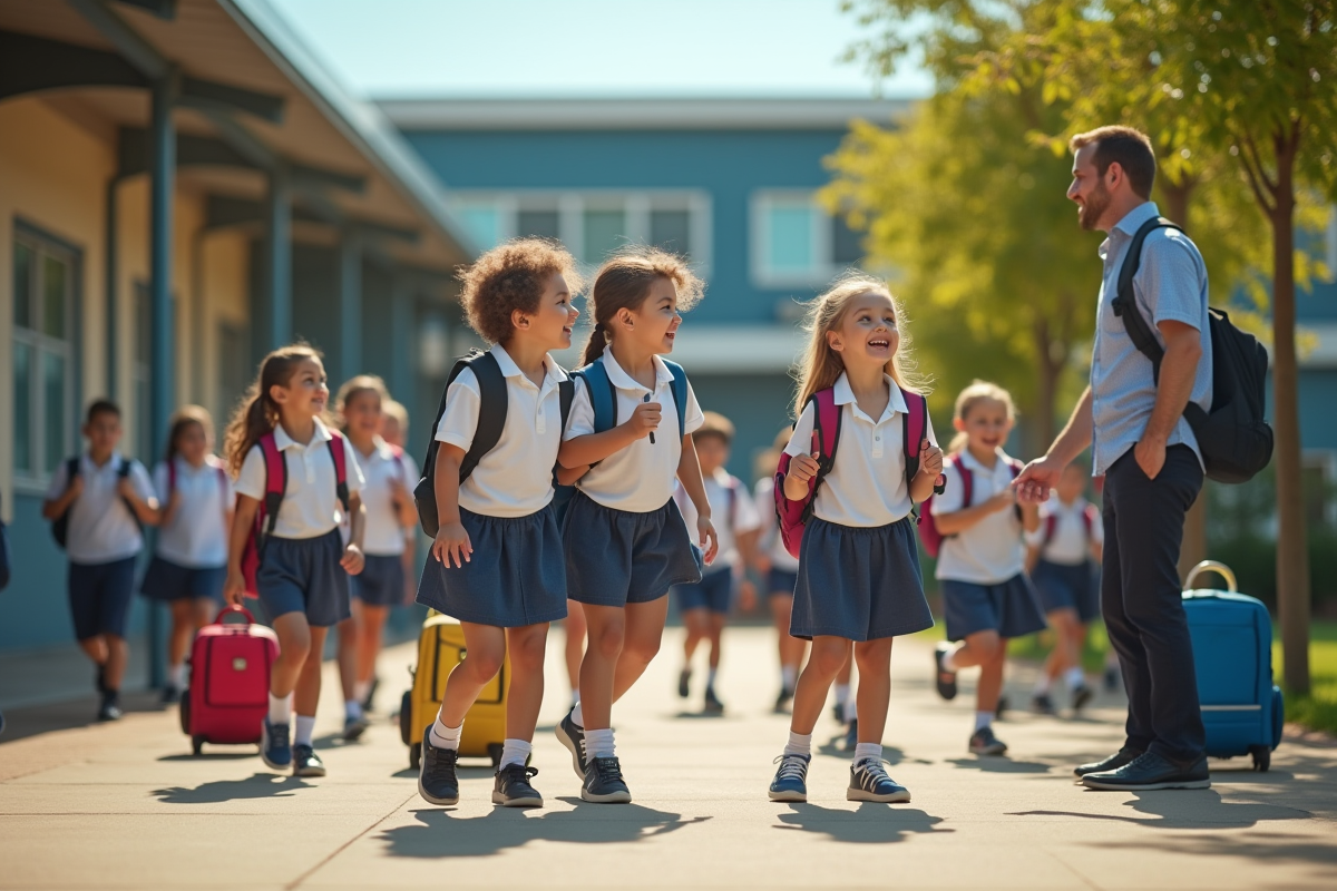 Enfants en uniforme jouant devant l école ensoleillée