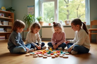 Groupe d'enfants jouant avec des tuiles colorées dans une classe