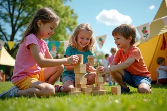 Enfants jouant avec des blocs en bois lors d'un festival nature