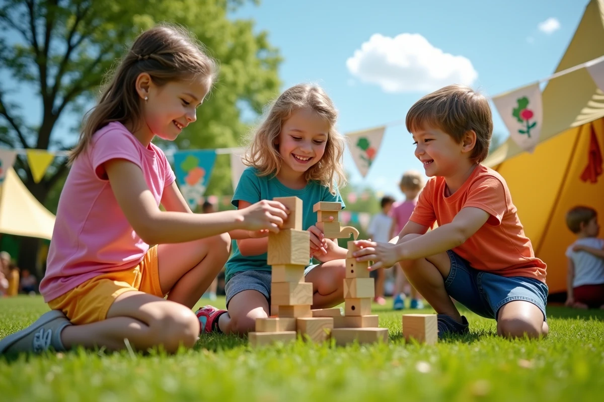 Enfants jouant avec des blocs en bois lors d'un festival nature