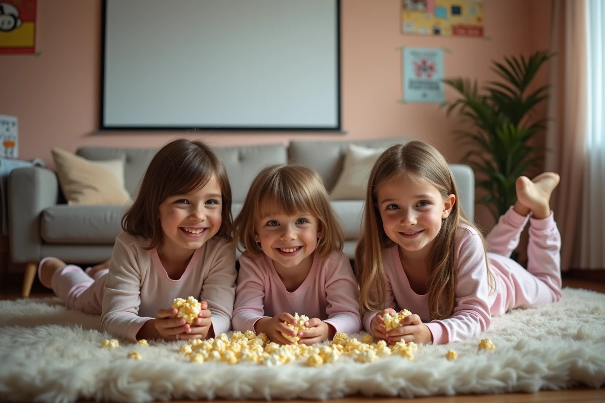 Enfants en pyjamas jouant avec popcorn sur le tapis