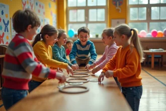 Enfants en jeu de ring toss dans une salle lumineuse