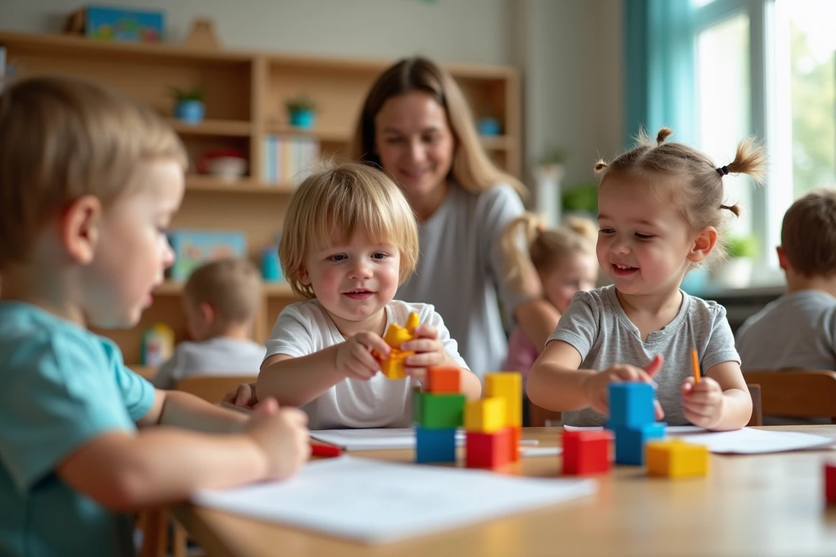 Enfants jouant dans une salle de crèche lumineuse