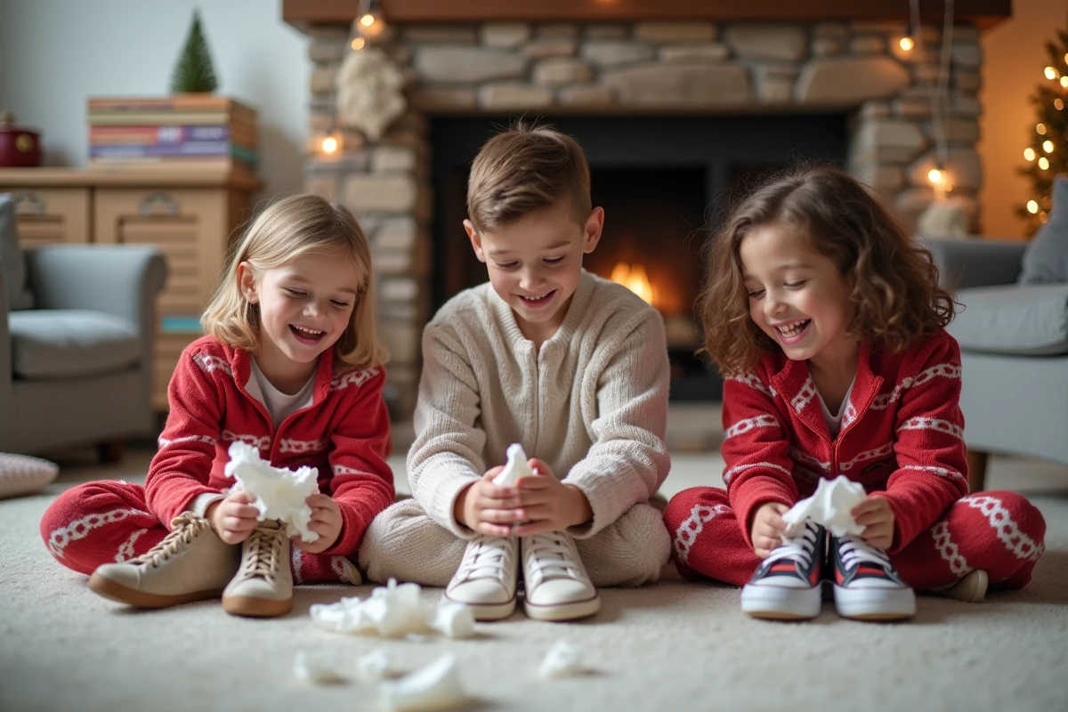 Trois enfants rient en préparant une blague de Noël dans le salon