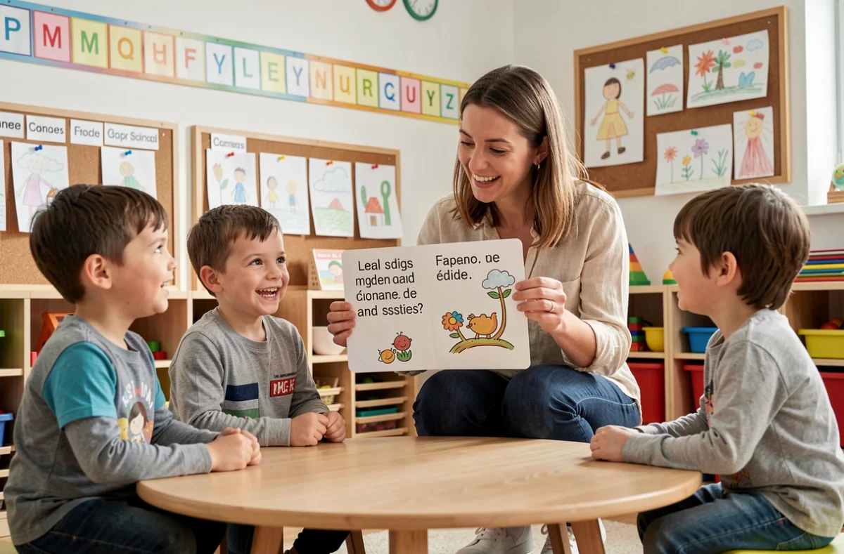 Enseignante présentant une devinette bilingue français-anglais à un groupe d'enfants dans une salle de classe colorée