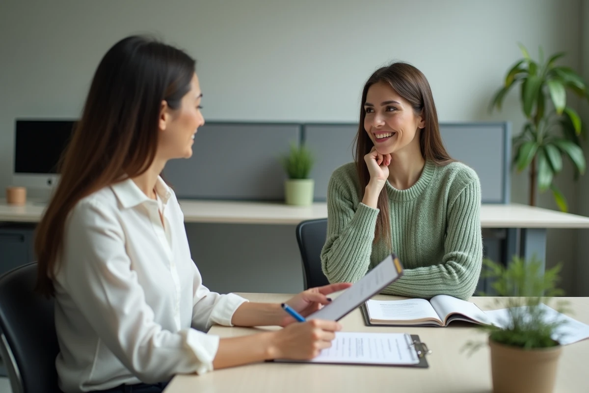 Conseillère Pôle Emploi accompagnant une jeune mère dans la compréhension de ses droits au chômage après un congé maternité