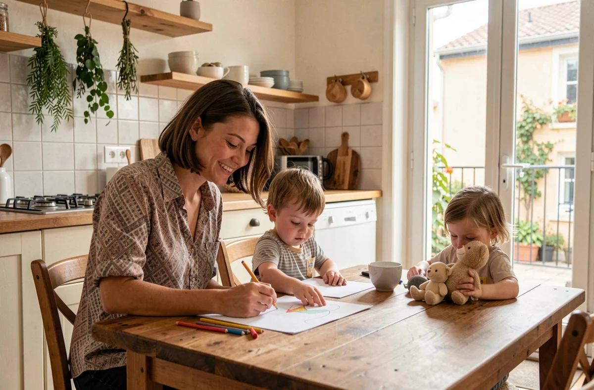 Baby-sitter Familiaz à Nantes aidant deux enfants dans une cuisine familiale chaleureuse