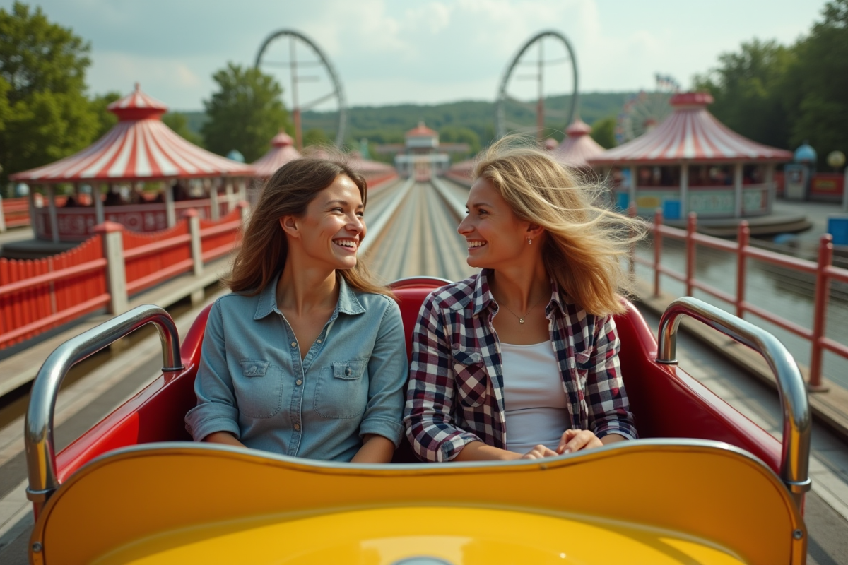 Famille riant dans un wagon de montagne russe coloré