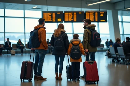Famille canadienne avec bagages dans un aéroport pendant les vacances scolaires, consultant les horaires de vols