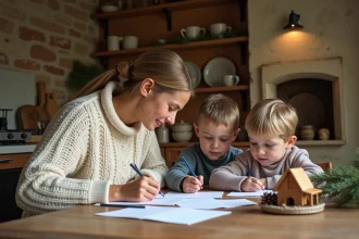 Famille catholique écrivant une lettre au Père Noël autour d'une table en bois avec une crèche en arrière-plan