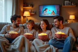 Famille souriante assise sur un canapé cosy