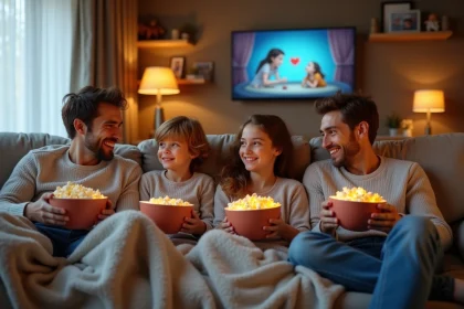 Famille souriante assise sur un canap&eacute; cosy