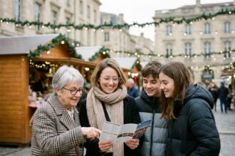 Famille multigénérationnelle portant des lunettes devant un marché de Noël en Gironde pendant les vacances