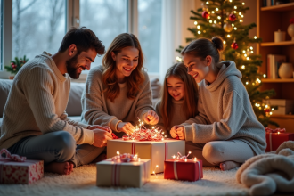 Famille souriante déballant des cadeaux de Noël dans un salon chaleureux