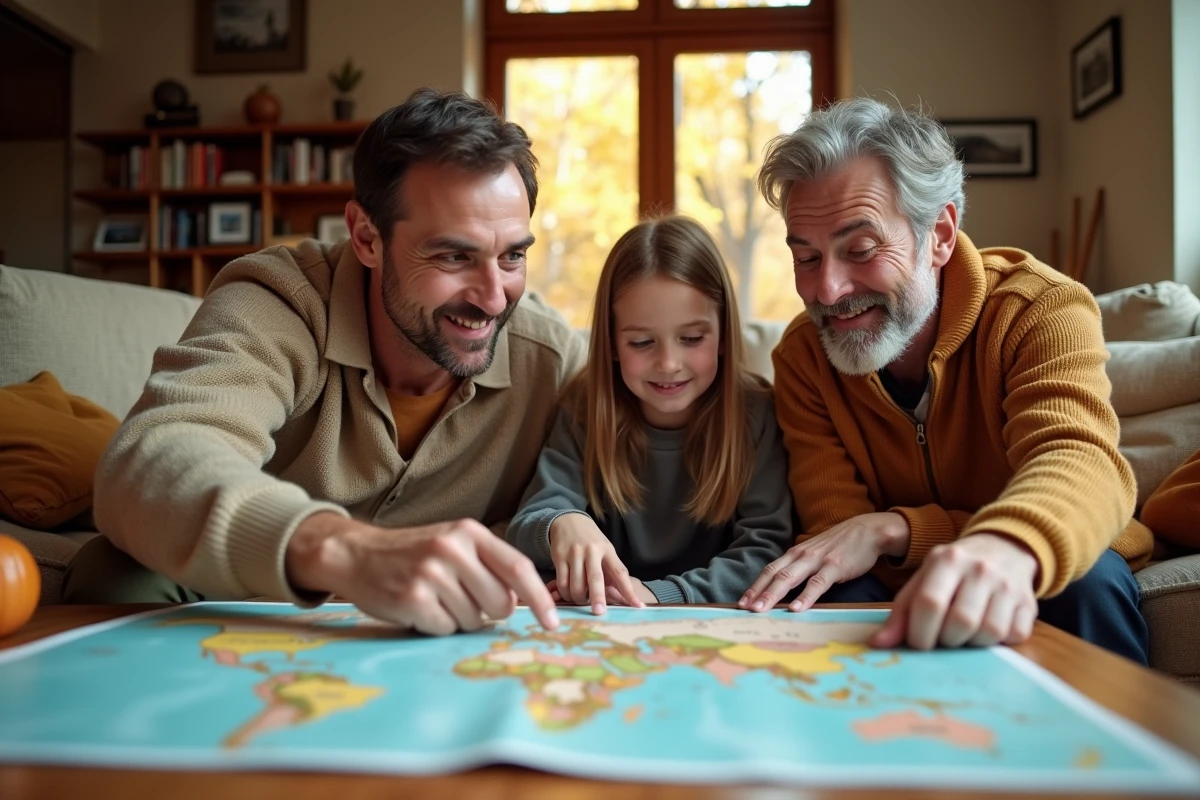 Père et enfants consultant une carte et des brochures de voyage pour organiser les vacances de la Toussaint en famille