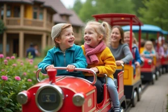 Famille souriante dans un train de parc d'Alsace
