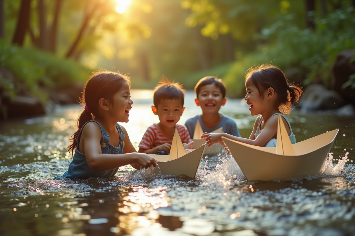 Famille créant des bateaux en papier pour une course dans un ruisseau