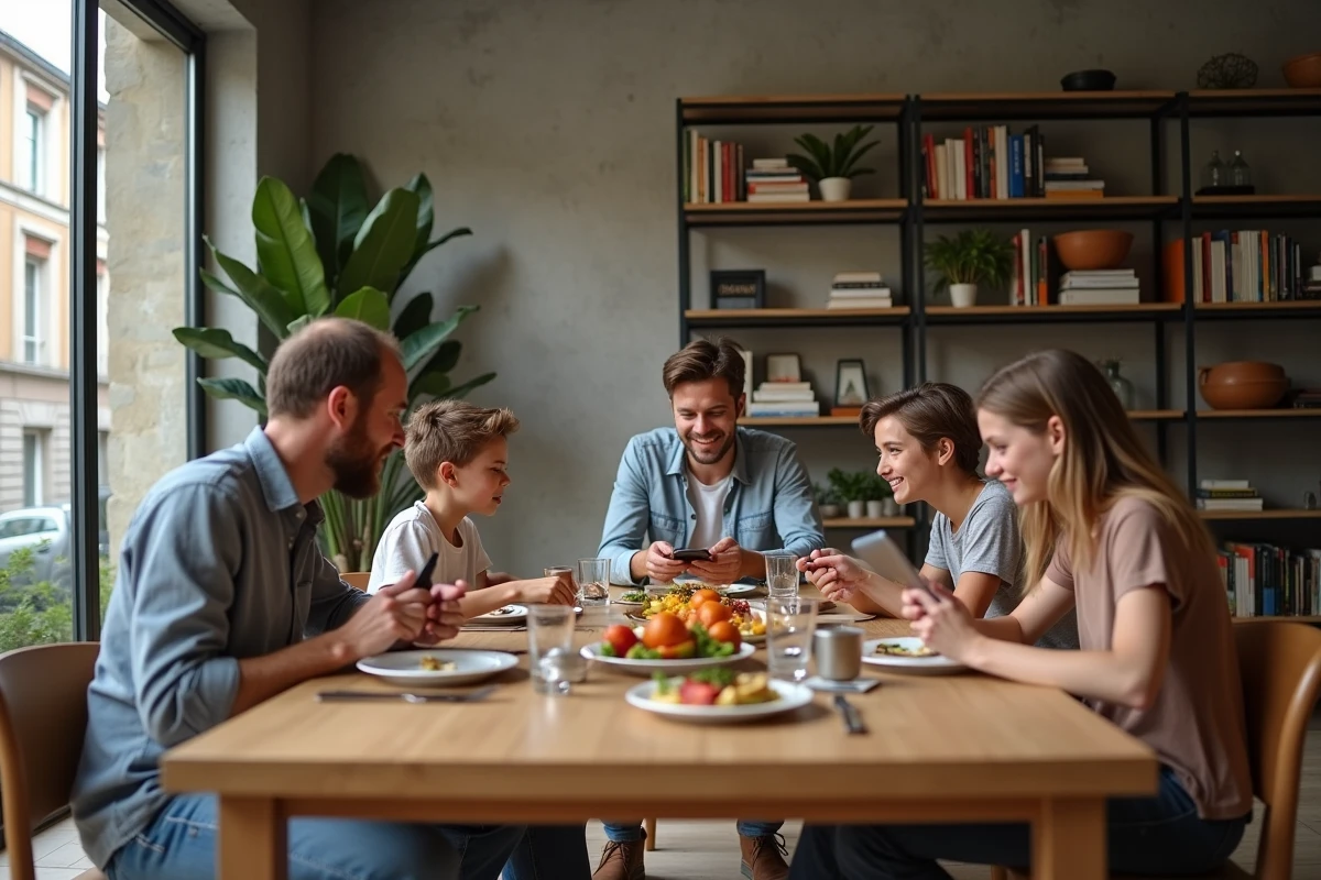 Famille recomposée partageant un repas dans un appartement moderne en France après un divorce et une remise en couple