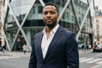 Portrait de Faouzi Tarkhani, mari de la rappeuse Diam's, en costume sombre devant un immeuble parisien moderne en 2026