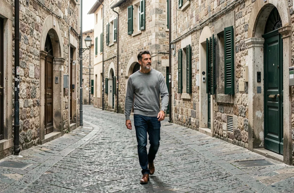 Faouzi Tarkhani photographié dans une rue pavée européenne, style reportage, mari de la chanteuse Diam's en 2026