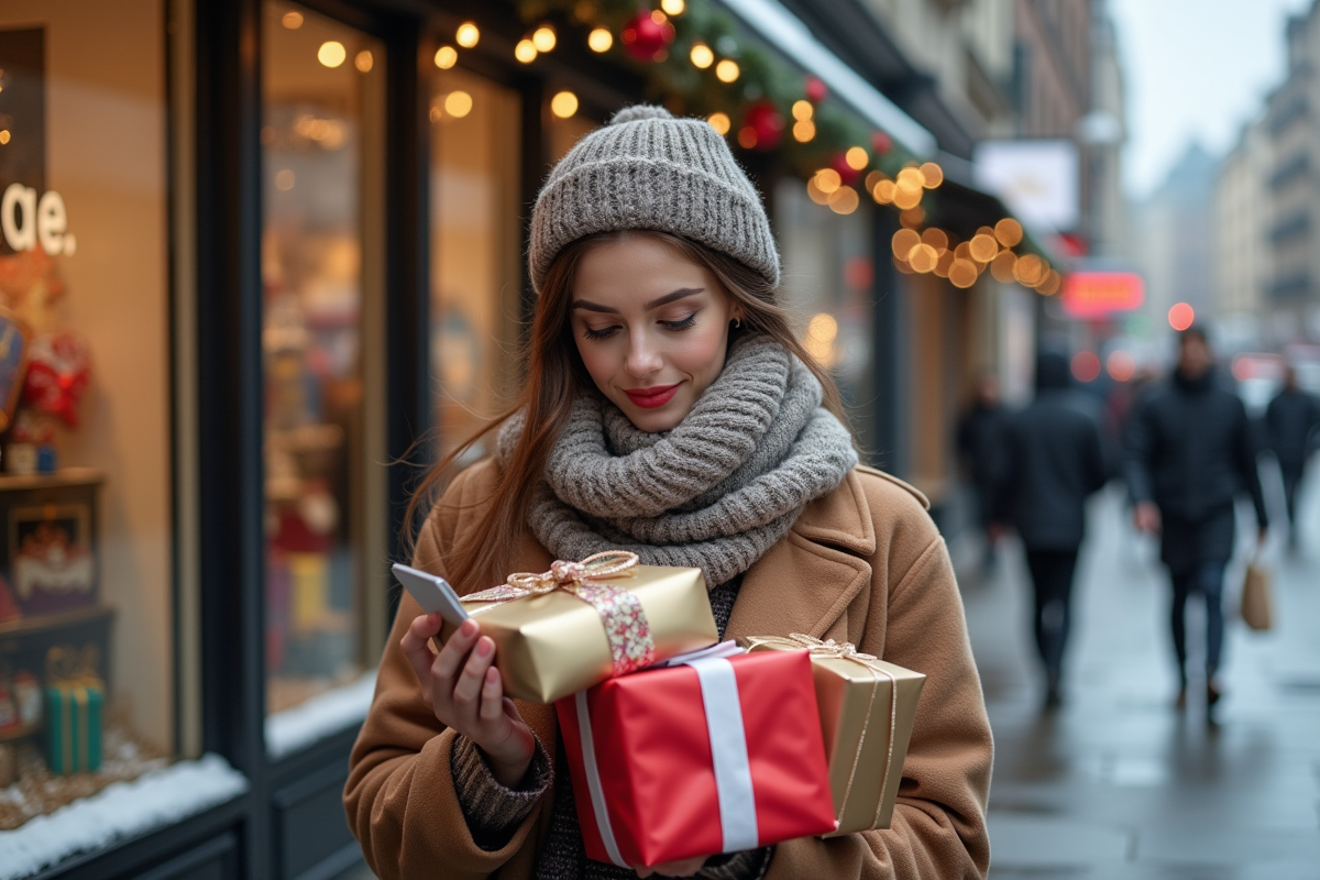 Jeune femme avec cadeaux de Noël dans une rue animée en hiver