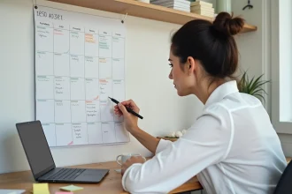 Femme annotant un calendrier mural en marquant les semaines paires et impaires avec des couleurs différentes dans un bureau à domicile
